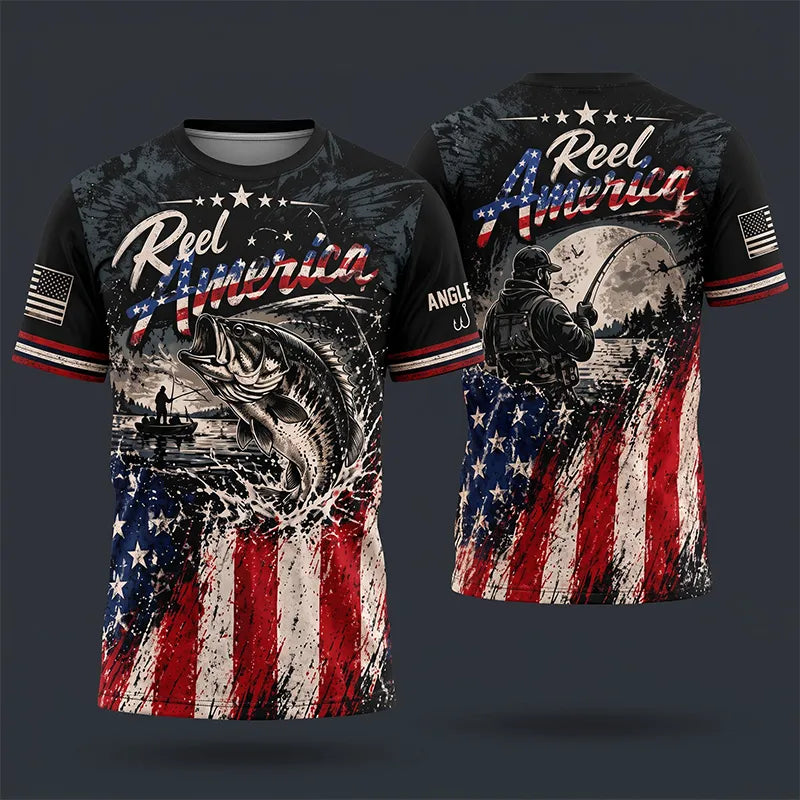 Reel America Bass Fishing Custom Name Patriotic T-Shirt