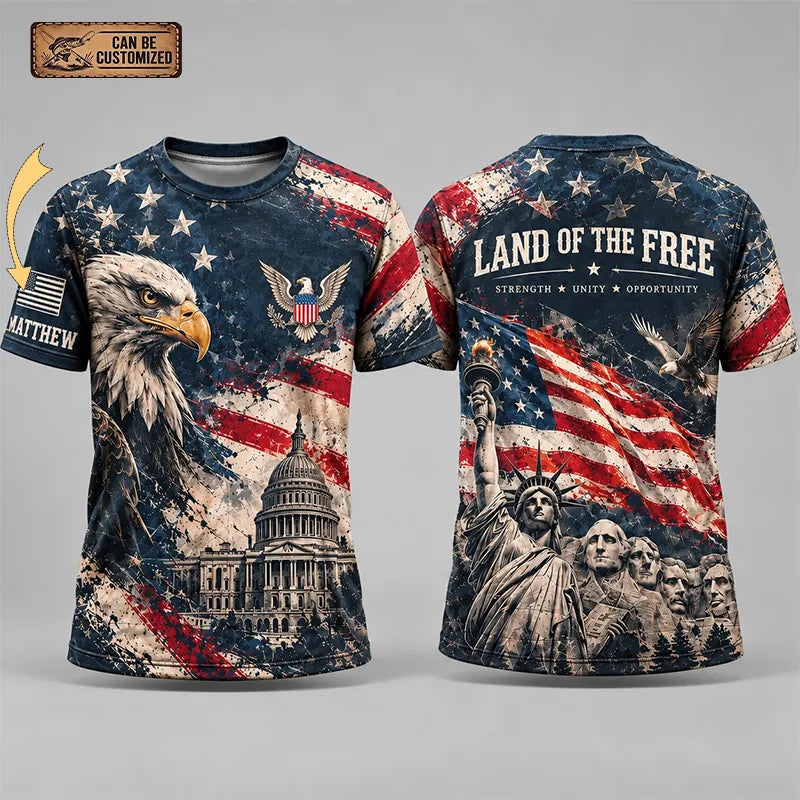 Personalized Land Of The Free Bald Eagle American Flag T-Shirt
