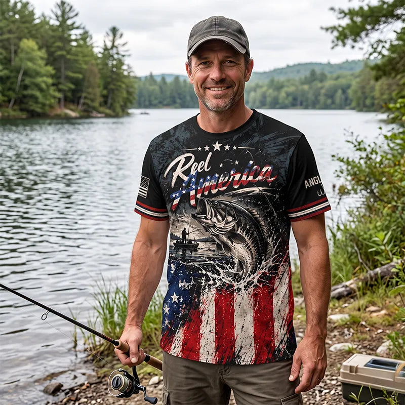 Reel America Bass Fishing Custom Name Patriotic T-Shirt