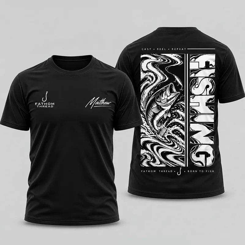 Personalized Fishing Cast Reel Repeat Black T-Shirt