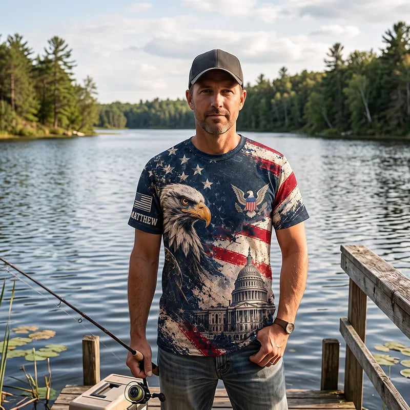 Personalized Land Of The Free Bald Eagle American Flag T-Shirt