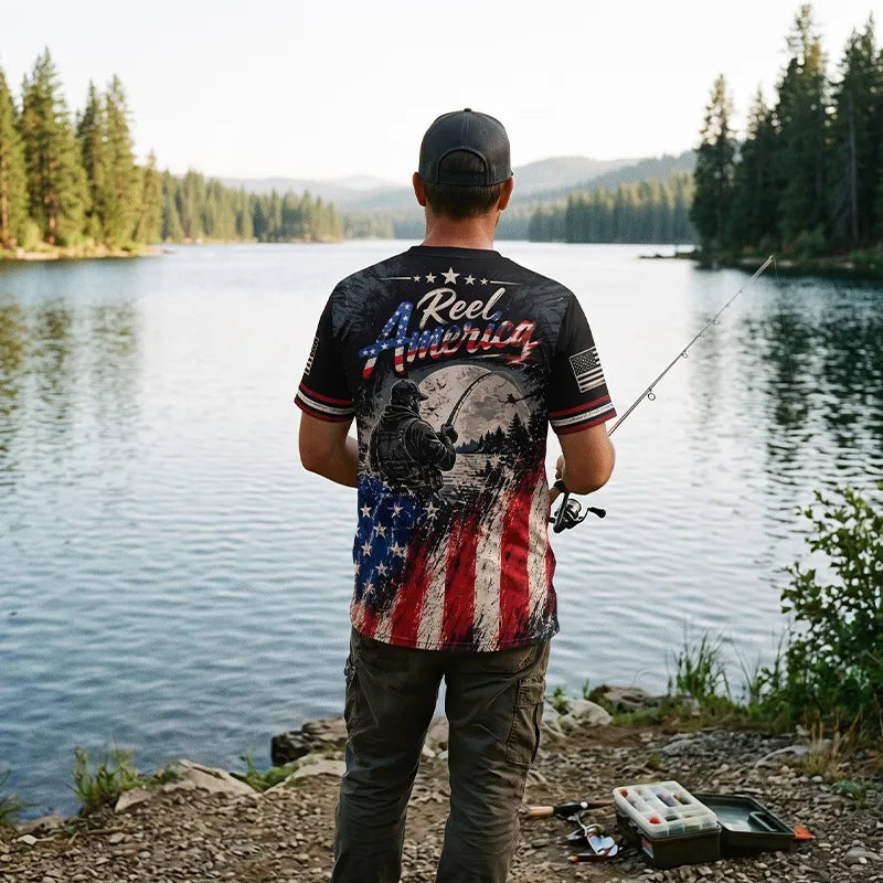 Reel America Bass Fishing Custom Name Patriotic T-Shirt