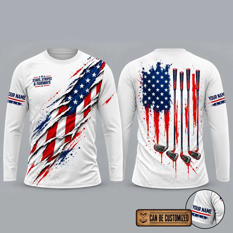 Personalized Stars Stripes & Fairways Golf Long Sleeve Shirt