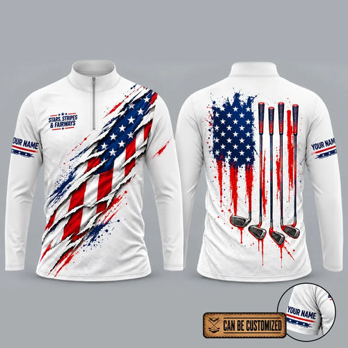 Personalized Stars Stripes & Fairways Golf Zip Long Sleeve Shirt