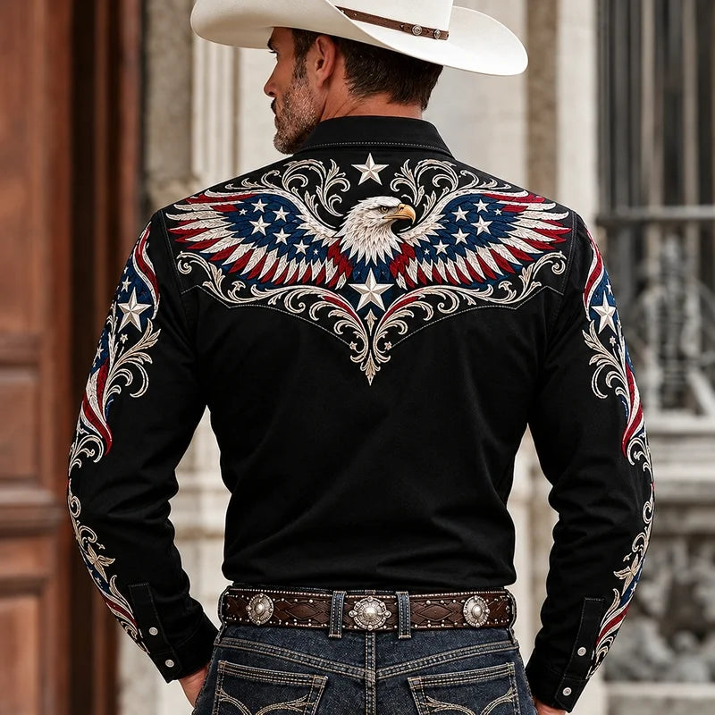 Personalized Western Bald Eagle American Flag Cowboy Shirt