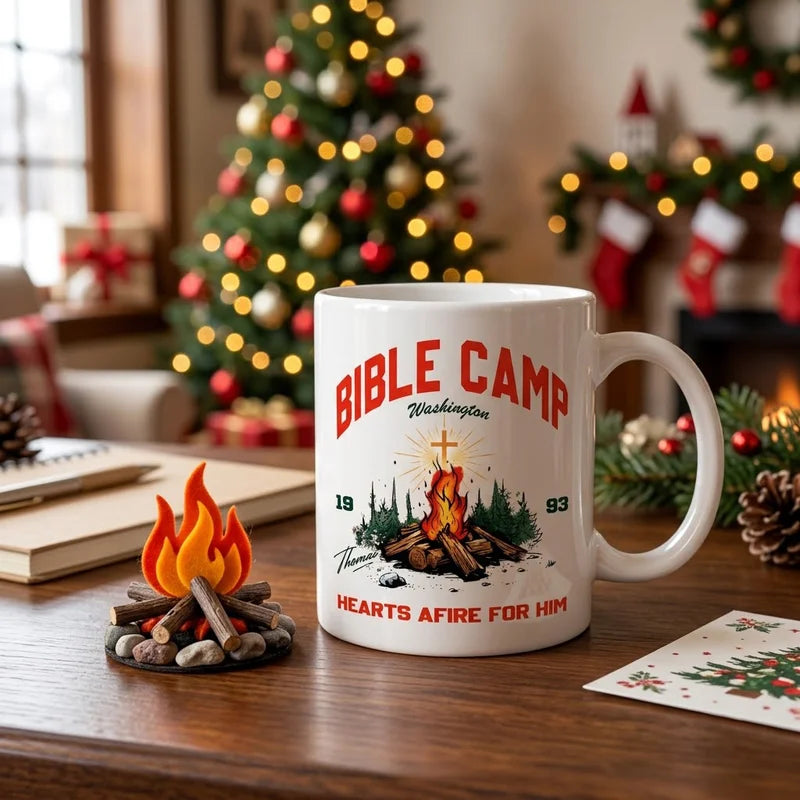 Personalized Bible Camp Hearts Afire For Him Camping Mug