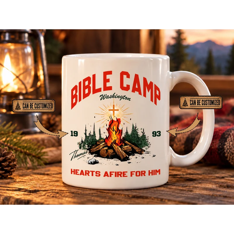 Personalized Bible Camp Hearts Afire For Him Camping Mug