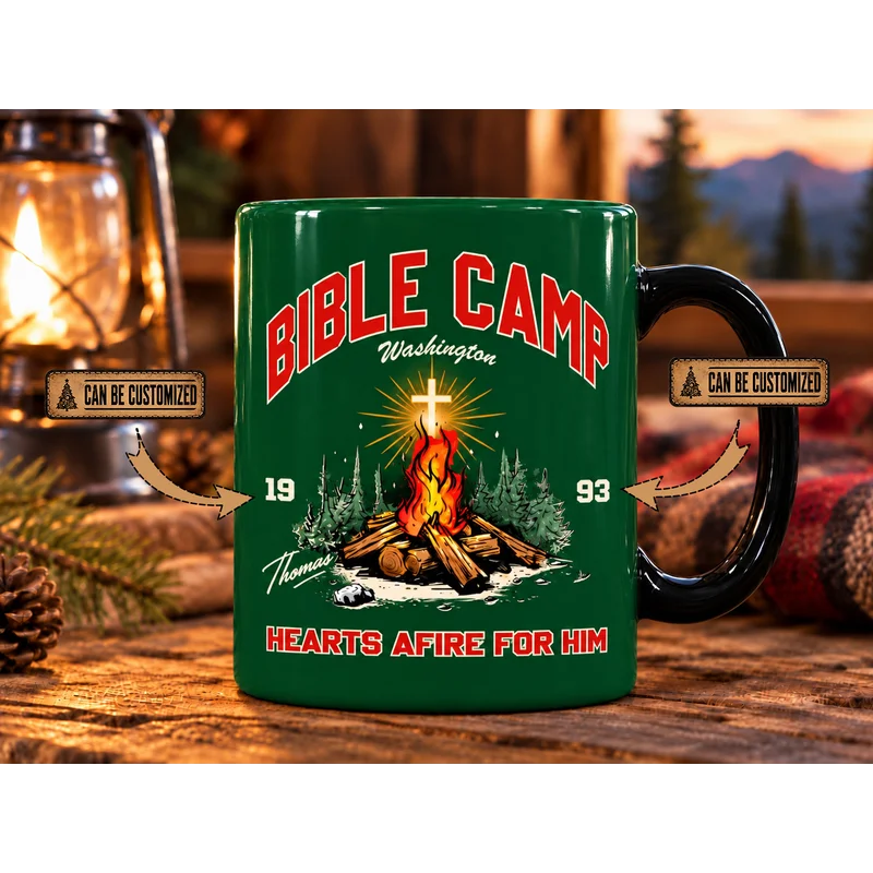 Personalized Bible Camp Hearts Afire For Him Camping Mug