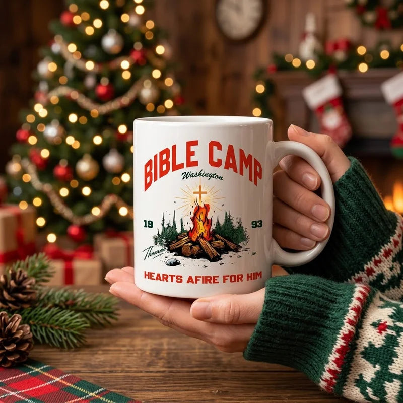 Personalized Bible Camp Hearts Afire For Him Camping Mug