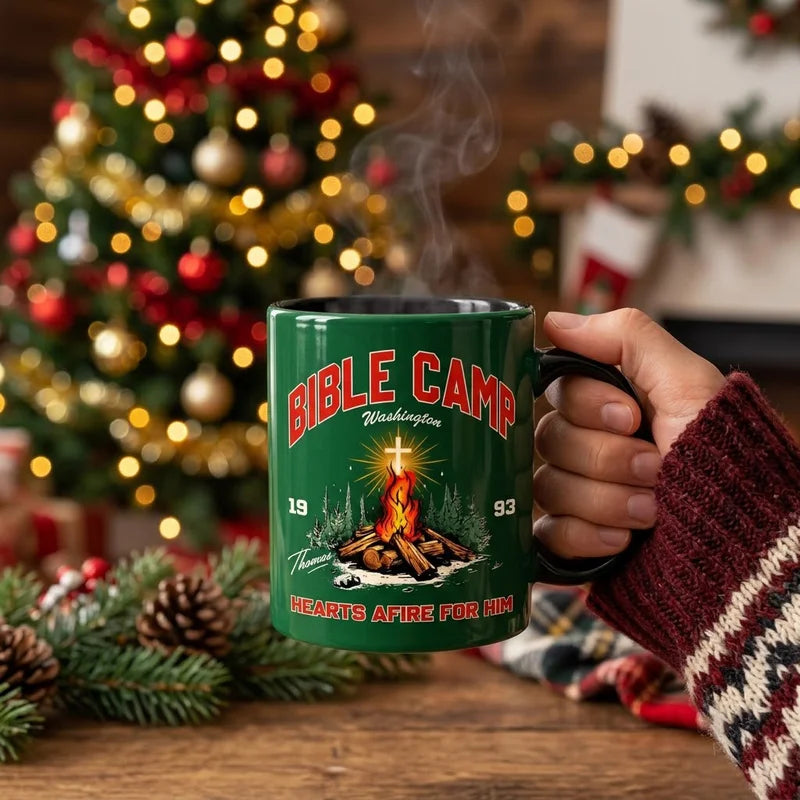 Personalized Bible Camp Hearts Afire For Him Camping Mug