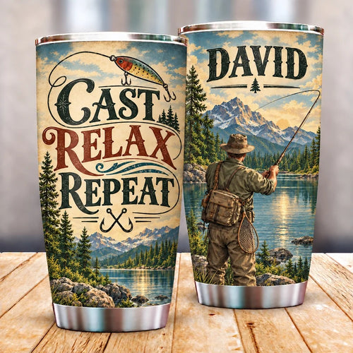 Personalized Cast Relax Repeat Fishing 20oz Stainless Steel Tumbler