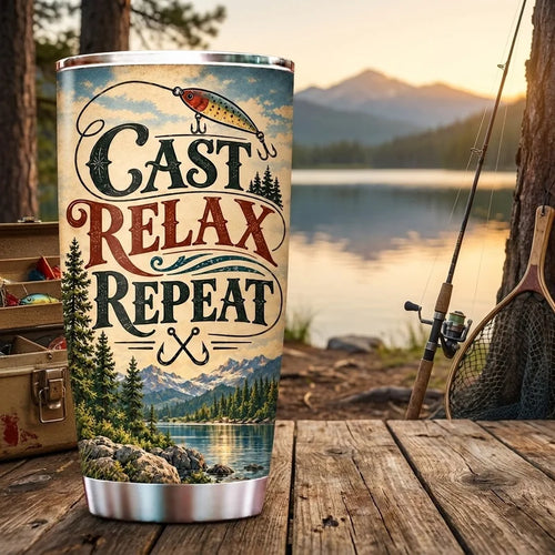 Personalized Cast Relax Repeat Fishing 20oz Stainless Steel Tumbler