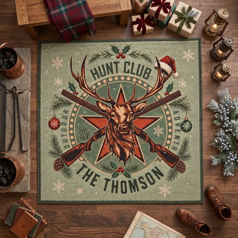 Personalized Hunt Club Deer Christmas Rustic Outdoor Adventure Rug