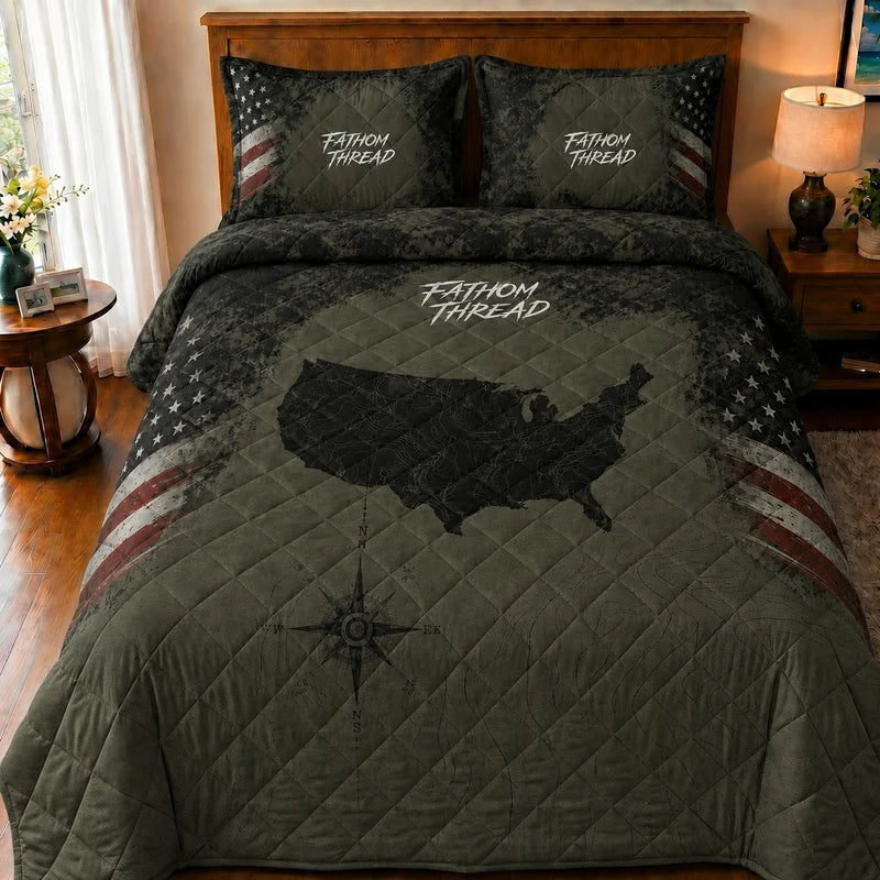 USA Map Vintage Patriotic Quilted Bedding Set