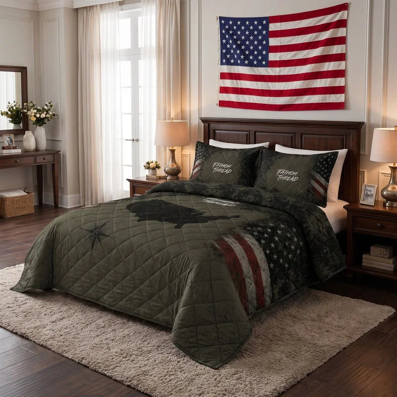 USA Map Vintage Patriotic Quilted Bedding Set