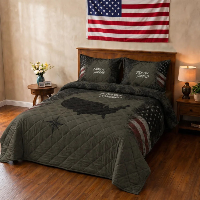 USA Map Vintage Patriotic Quilted Bedding Set