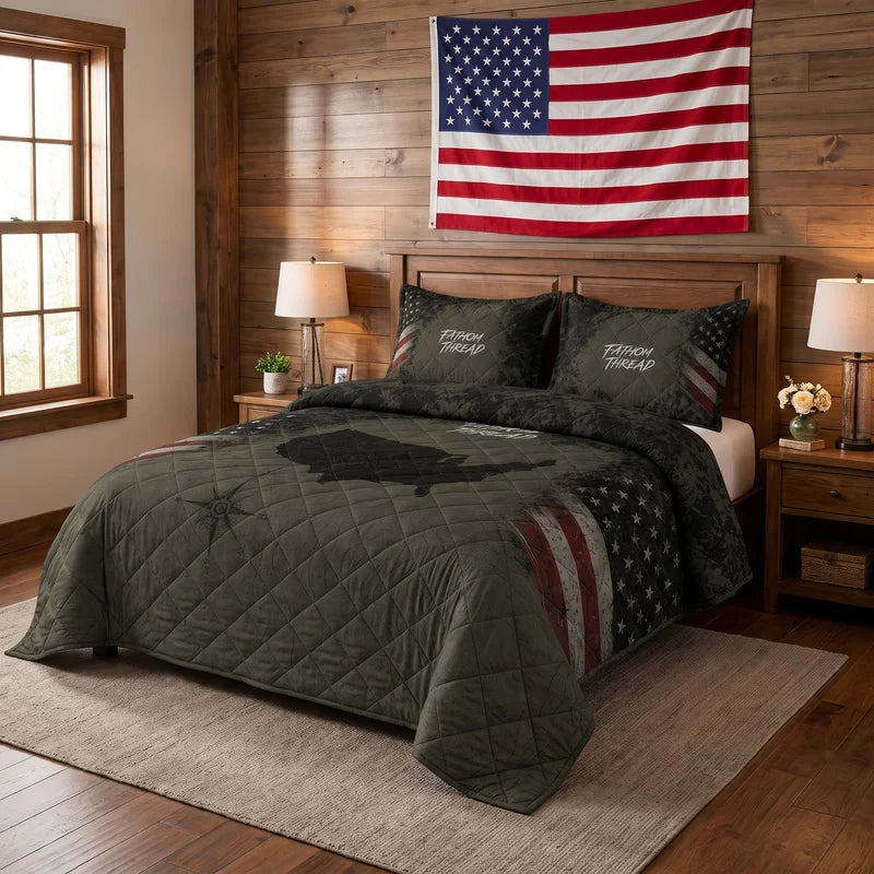 USA Map Vintage Patriotic Quilted Bedding Set