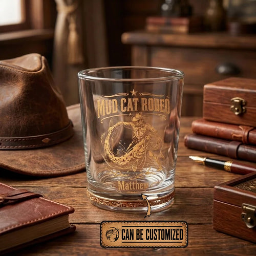 Personalized Mud Cat Rodeo Catfish Fishing Whiskey Glass