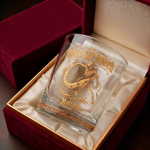 Personalized Mud Cat Rodeo Catfish Fishing Whiskey Glass