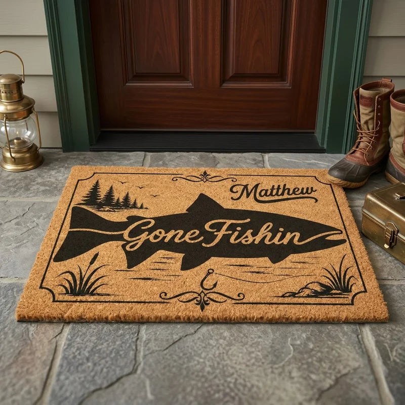 Personalized Gone Fishin' Coir Doormat