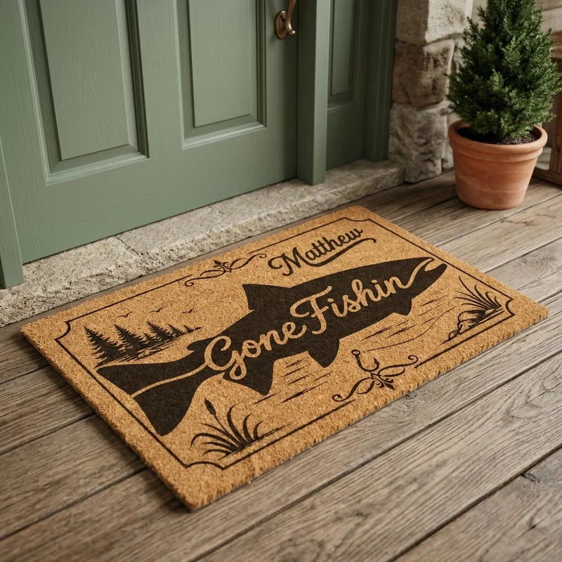 Personalized Gone Fishin' Coir Doormat