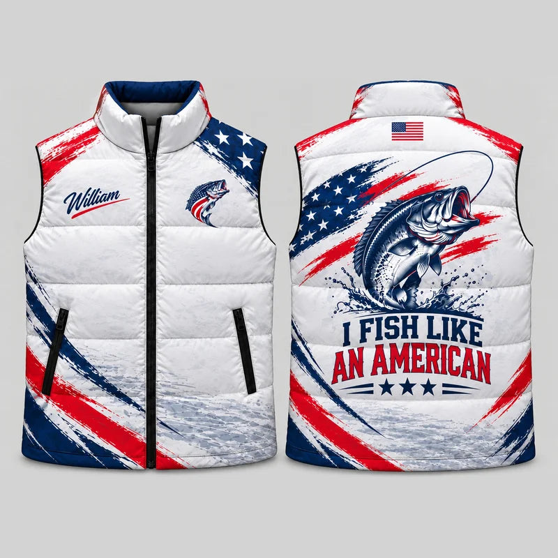 Custom American Bass Fishing Patriotic Puffer Vest