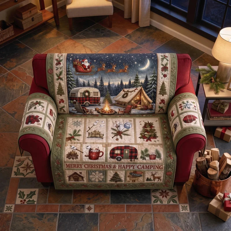 Merry Christmas & Happy Camping Quilted Sofa Cover