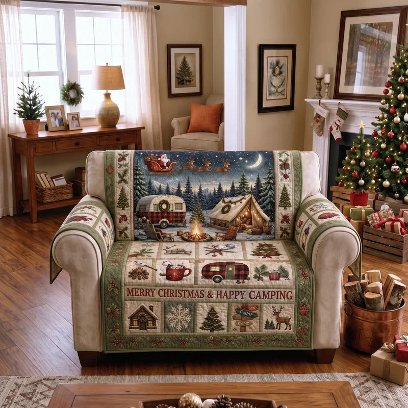 Merry Christmas & Happy Camping Quilted Sofa Cover
