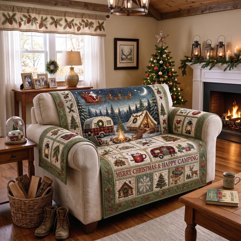 Merry Christmas & Happy Camping Quilted Sofa Cover