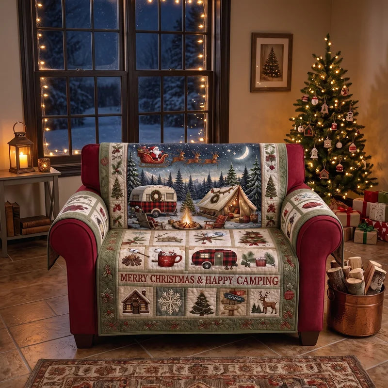 Merry Christmas & Happy Camping Quilted Sofa Cover