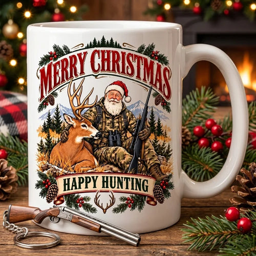 Merry Christmas Happy Hunting Santa Deer Hunting Ceramic Mug
