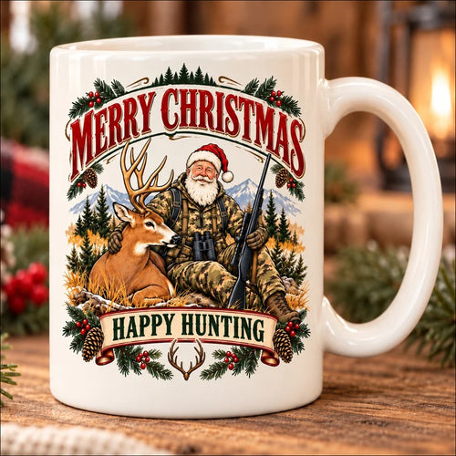 Merry Christmas Happy Hunting Santa Deer Hunting Ceramic Mug