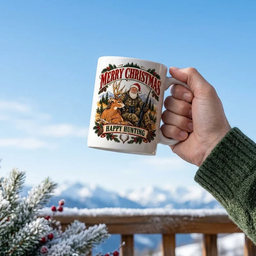 Merry Christmas Happy Hunting Santa Deer Hunting Ceramic Mug