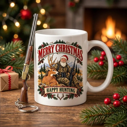 Merry Christmas Happy Hunting Santa Deer Hunting Ceramic Mug