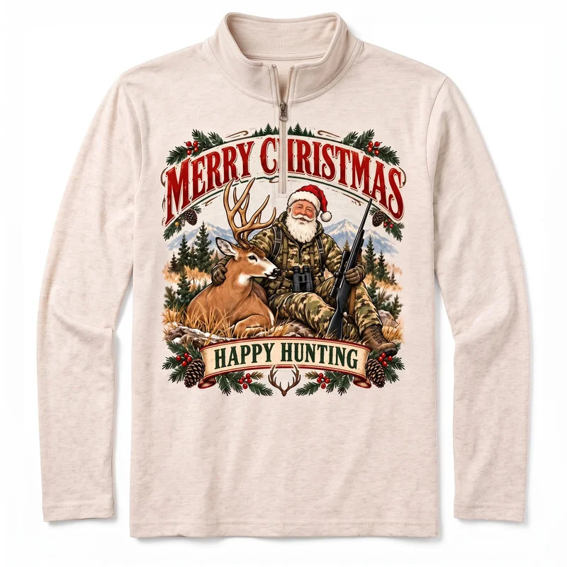 Santa Claus Happy Hunting Christmas Zip Long Sleeve Shirt