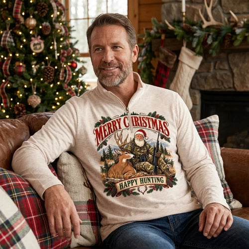 Santa Claus Happy Hunting Christmas Zip Long Sleeve Shirt