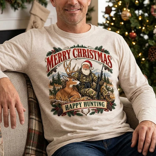Santa Claus Happy Hunting Christmas Long Sleeve Shirt