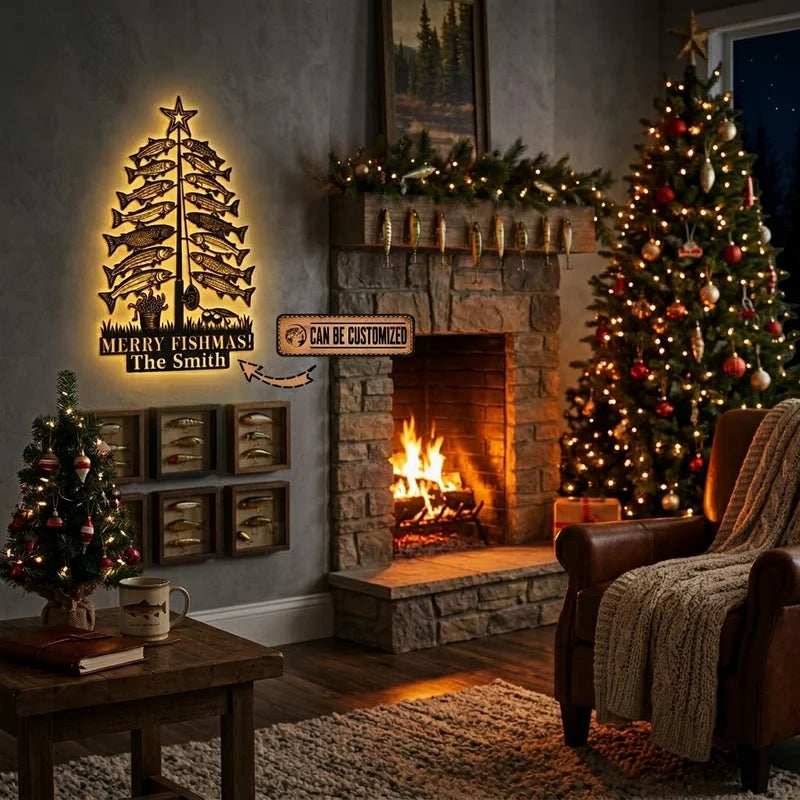 Merry Fishmas Christmas Fishing Wall Art LED