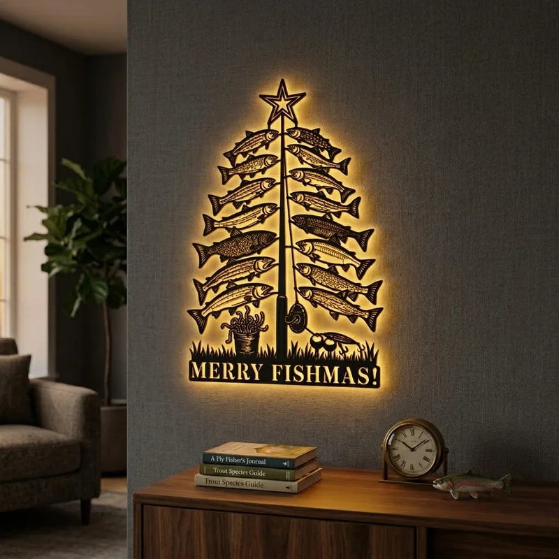 Merry Fishmas Christmas Fishing Wall Art LED