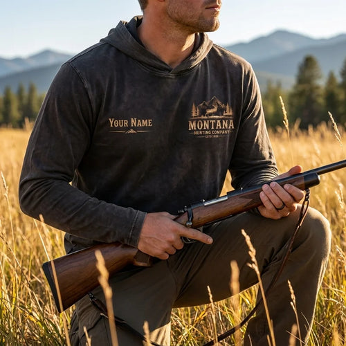 Personalized Montana Hunting Company Big Buck Hooded Long Sleeve Shirt