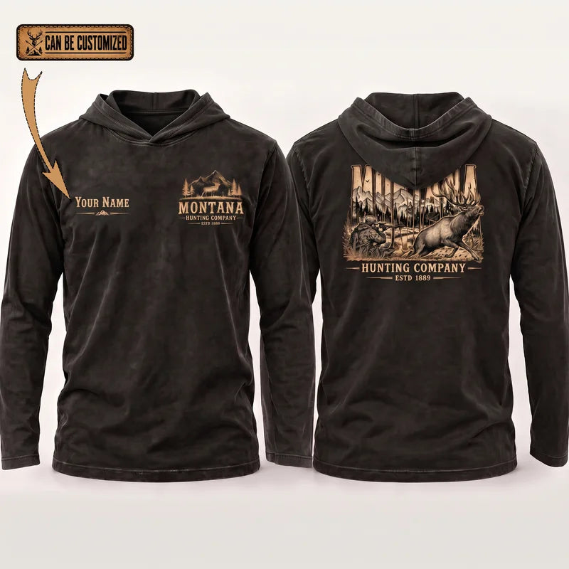 Personalized Montana Hunting Company Big Buck Hooded Long Sleeve Shirt