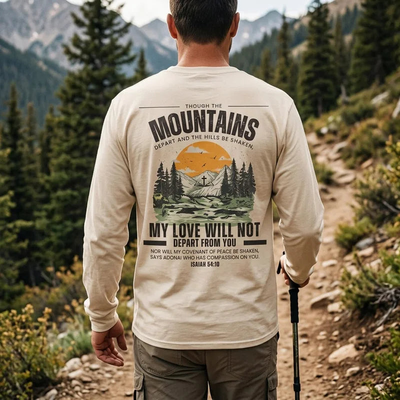 Isaiah 54:10 Christian Vintage Mountain Cross Long Sleeve Shirt