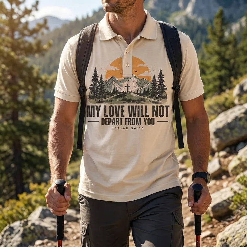 Isaiah 54:10 Christian Vintage Mountain Cross Polo Shirt