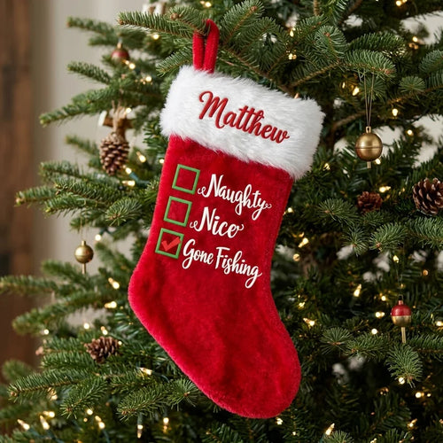 Personalized Naughty Nice Gone Fishing Christmas Stocking