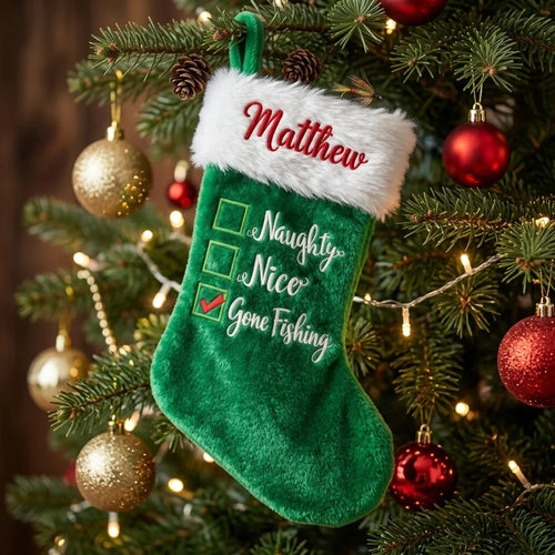 Personalized Naughty Nice Gone Fishing Christmas Stocking