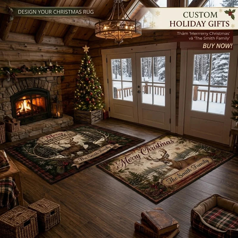 Rustic Deer Hunting Christmas Personalized Rug