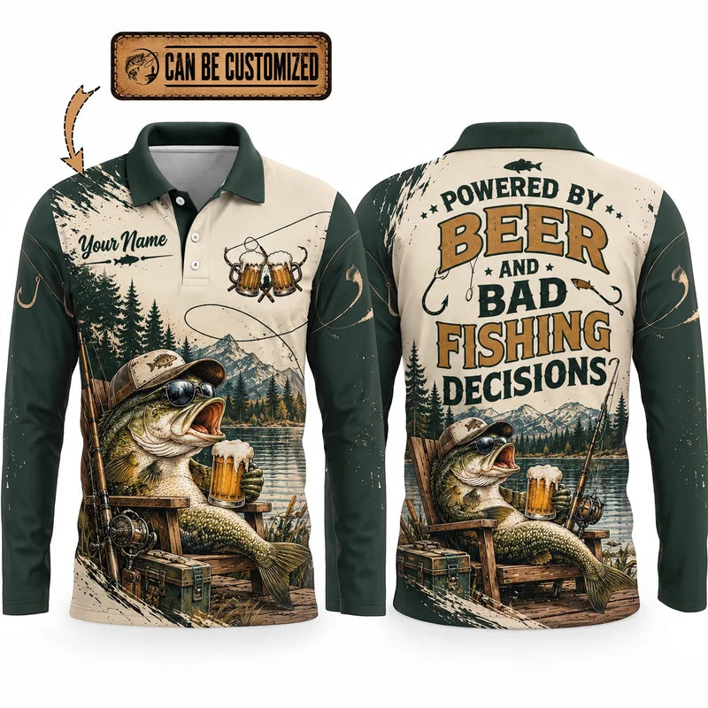 Personalized Fishing Beer Funny 3D Polo Long Sleeve Shirt
