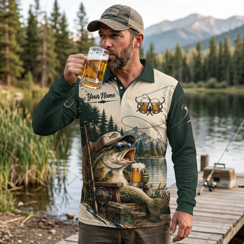 Personalized Fishing Beer Funny 3D Polo Long Sleeve Shirt