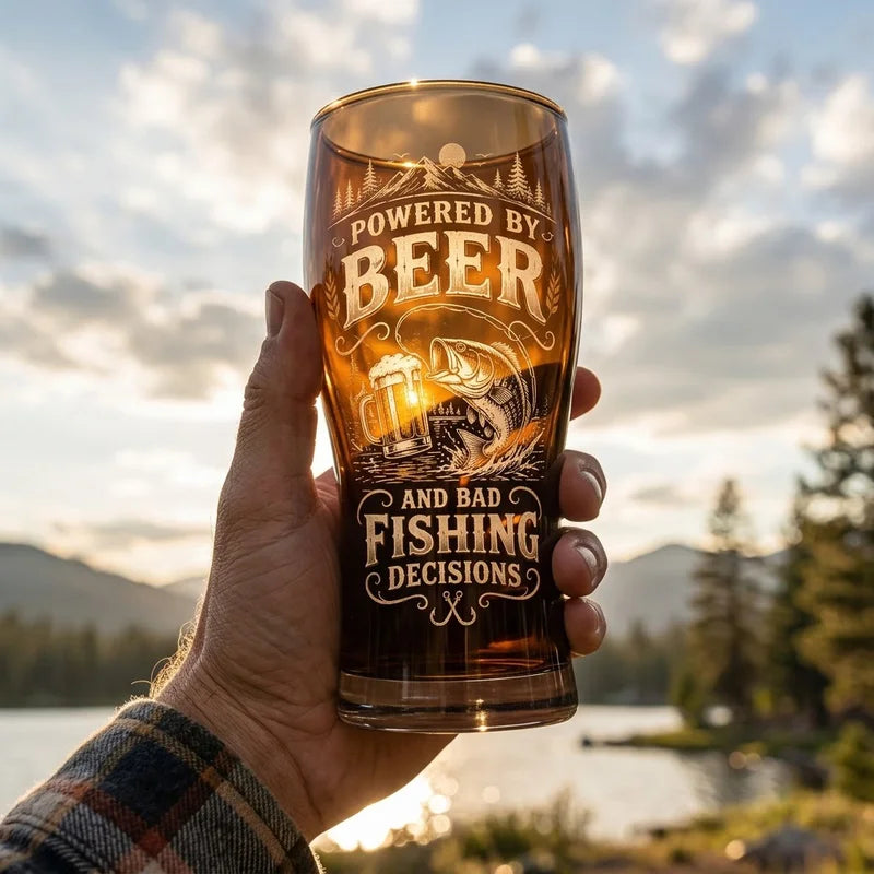 Powered By Beer And Bad Fishing Decisions Fishing Drinking Glass