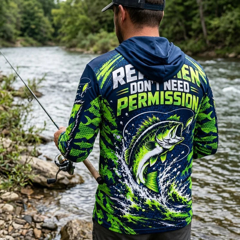 Reel Men Don't Need Permission Bass Fishing Hooded Long Sleeve Shirt